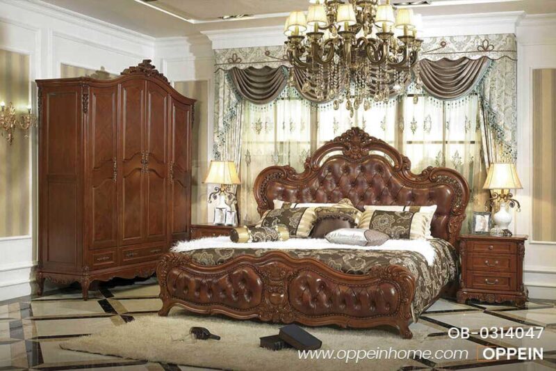 Luxury and Traditional Solid Wood Bed With Brown Leather OB 0314047 01