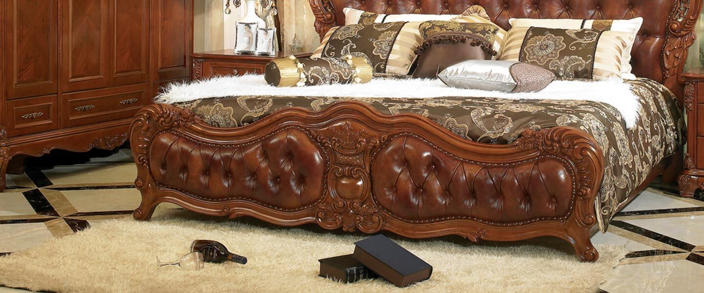 Luxury and Traditional Solid Wood Bed With Brown Leather OB 0314047 02