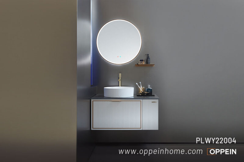 Modern Small White Fluted Bathroom Vanity with Sink DEWROMA Mini 01
