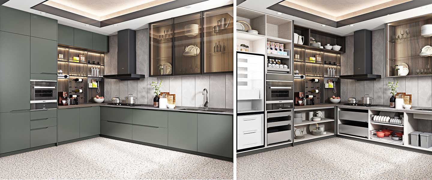 Green Lacquer Kitchen Cabinet with Handleless Design PLCC20032 3