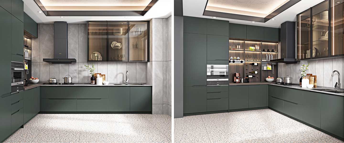Green Lacquer Kitchen Cabinet with Handleless Design PLCC20032 4